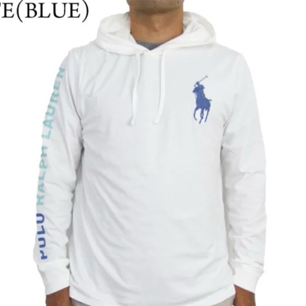 Polo by Ralph Lauren White Hooded Long-Sleeve Shirt with Blue Polo Logo